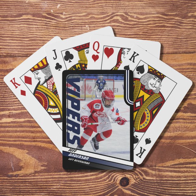 Ice Hockey Player Keepsake On Dynamic Blue  Playing Cards (Preserve ice hockey memories with bold blue and black playing cards. Great souvenir or gift idea!)