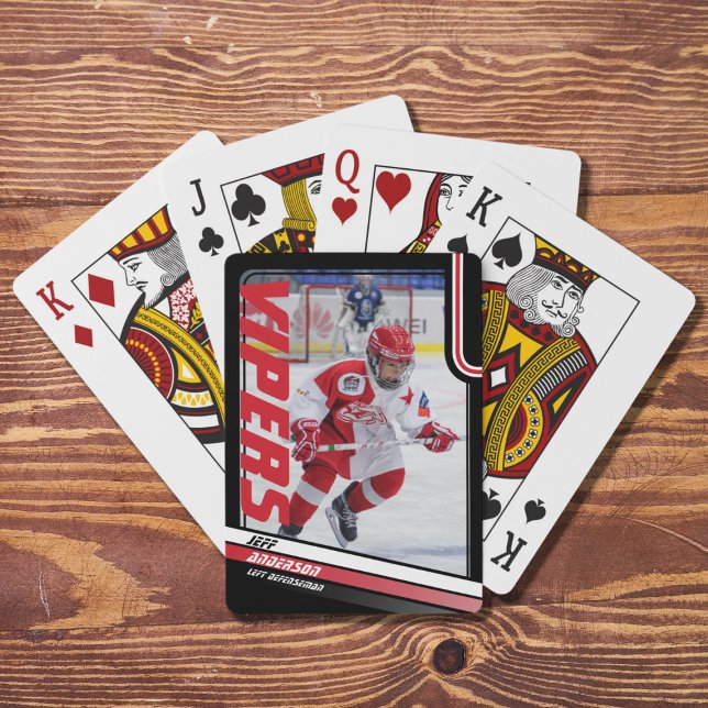 Ice Hockey Player Keepsake On Dynamic Red Playing Cards (Preserve ice hockey memories with bold red and black playing cards. Great souvenir or gift idea!)