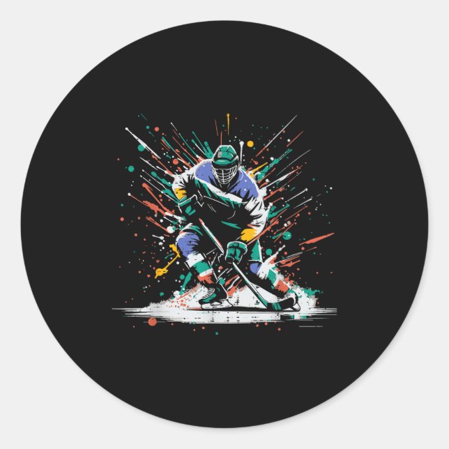 Ice Hockey Player Paint Splatter Art Srts Men Boys Classic Round Sticker (Front)
