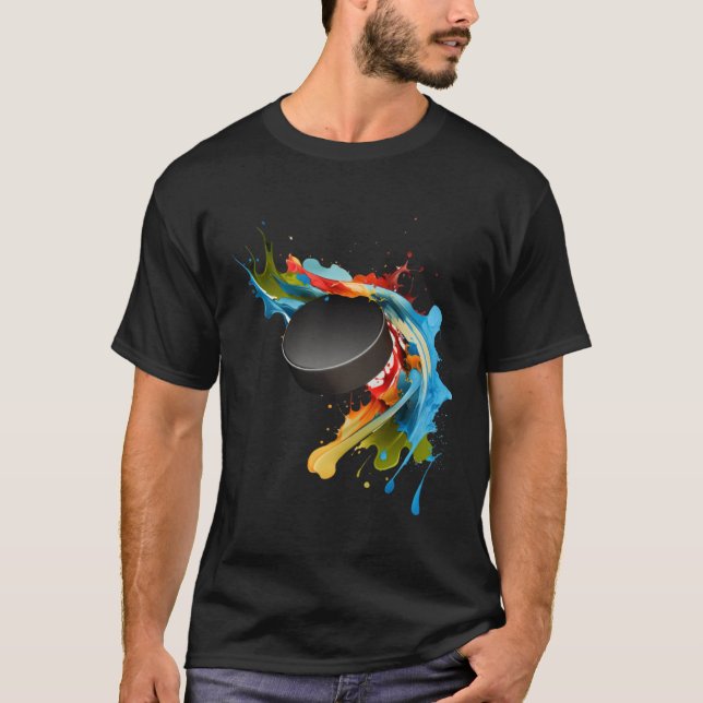 Ice Hockey Player Puck Abstract Splash Painting T-Shirt (Front)