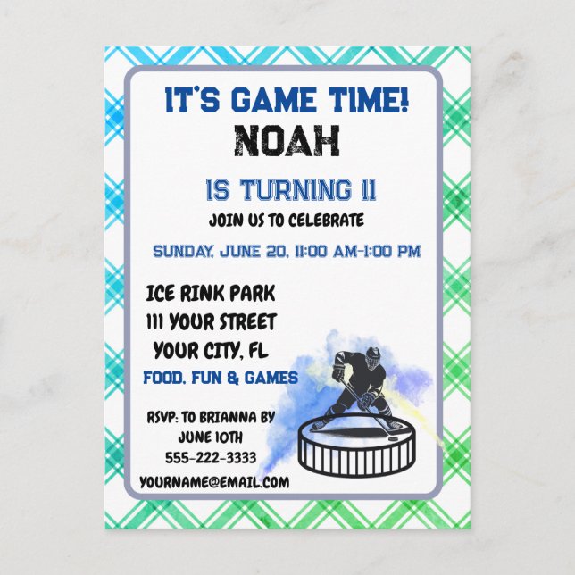 Ice hockey player sport theme  invitation postcard (Front)