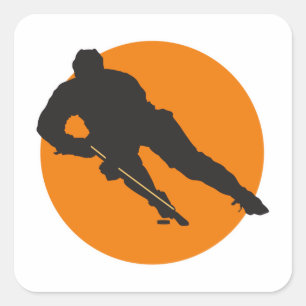 ice hockey silhouette orange circle design square sticker