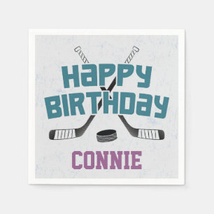 Ice Hockey Skate Rink Purple Happy Birthday Napkin