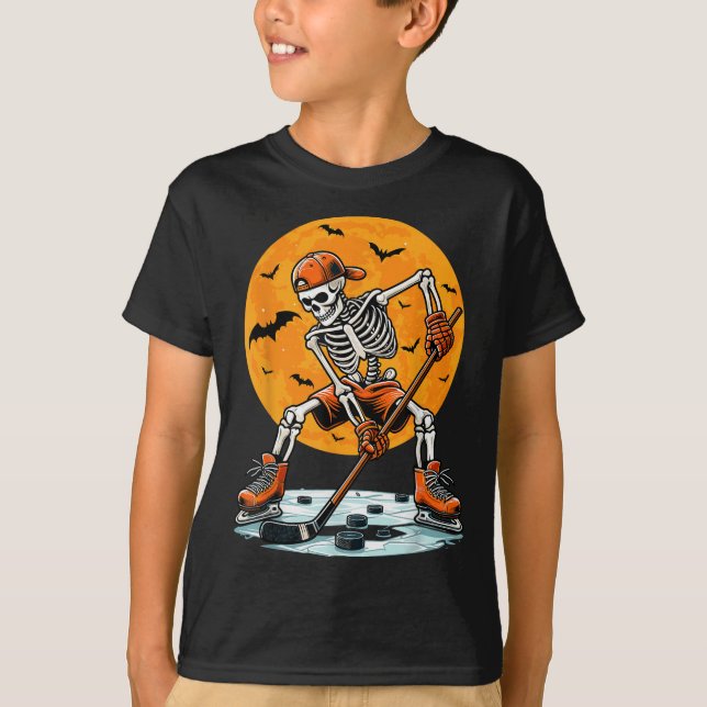 Ice Hockey Skeleton Soky Boys Halloween Hockey Pla T-Shirt (Front)