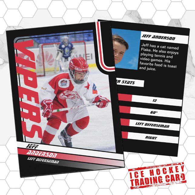 Ice Hockey Trading Card in Dynamic Red Black (Proudly share youre kids' achievements with this red and black card)