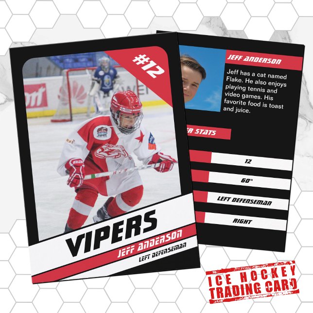 Ice Hockey Trading Card in Vibrant Red Black (Proudly share youre kids' achievements with this red white card)