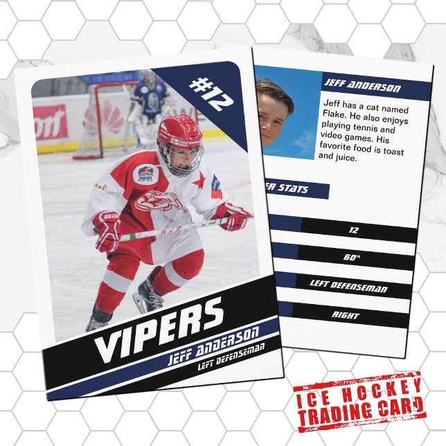 Ice Hockey Trading Card in Vigourous Blue White (Proudly share youre kids' achievements with this white and blue card)