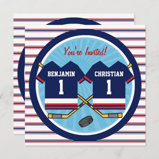 Ice Hockey Twins Jersey V2 1st Birthday Party Invitation (Front/Back)