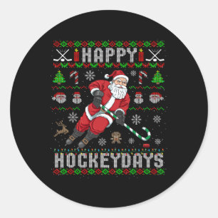 Ice Hockey Ugly Christmas Santa Claus Happy Hockey Classic Round Sticker