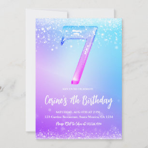 Ice number white glitter Girl 7th Birthday Invitation