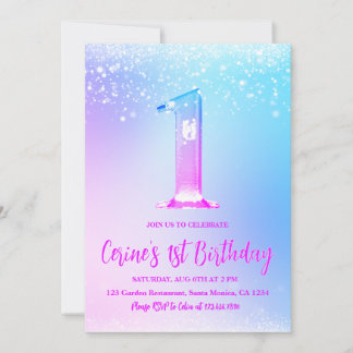 Ice number white glitter Girl First Birthday Invitation