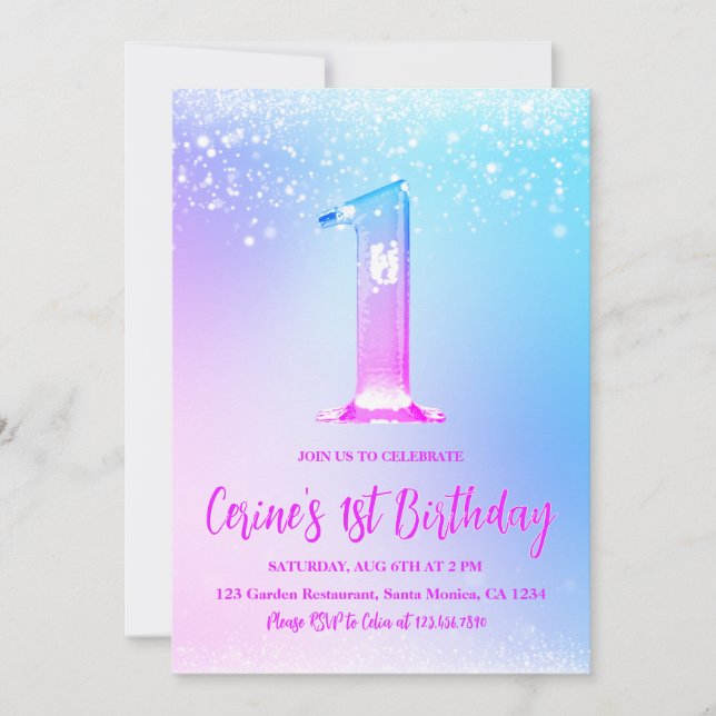 Ice number white glitter Girl First Birthday Invitation (Front)