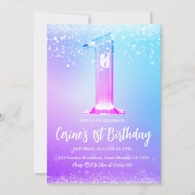 Ice number white glitter Girl First Birthday Invitation (Front)