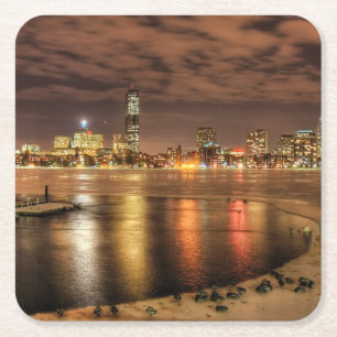 Ice partially melted on Charles River in Boston Square Paper Coaster