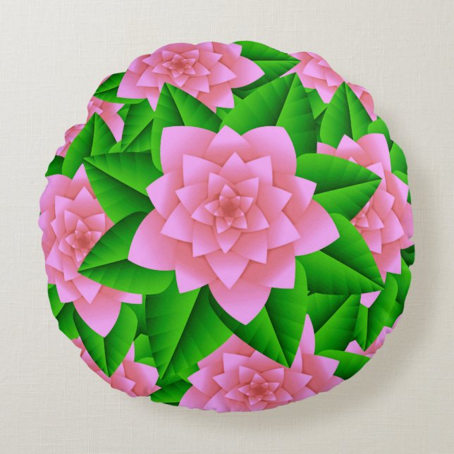 Ice Pink Camellias and Green Leaves Round Cushion (Front)