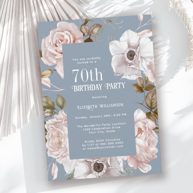 Ice Pink Roses Watercolor Floral 70th Birthday Invitation (Available in both printed and digital download formats.)