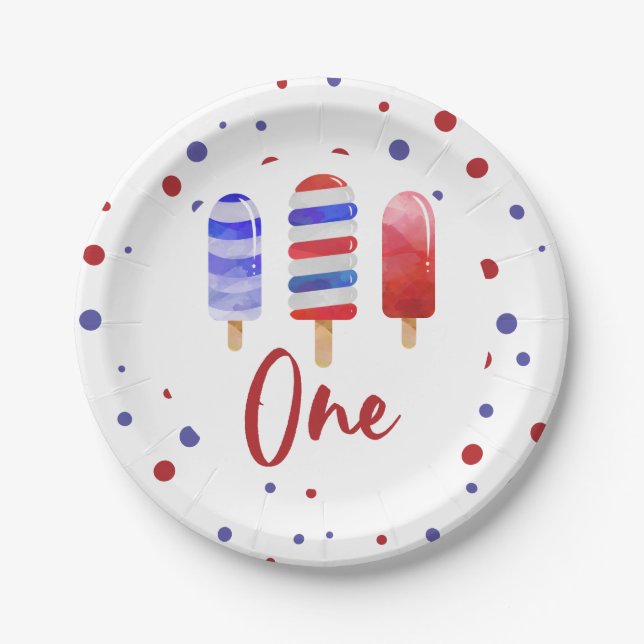 Ice Pops One Red White Blue 1st Birthday Paper Plate (Front)