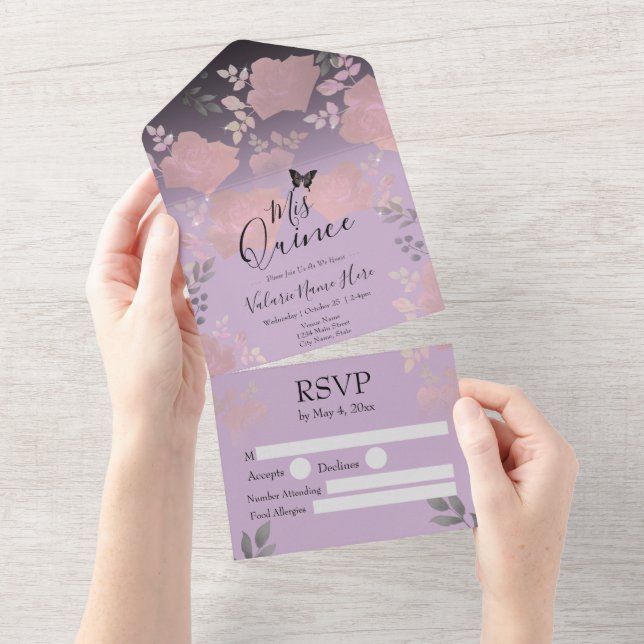 Ice Rose Pink Floral Quinceanera All In One Invita All In One Invitation (Tearaway)