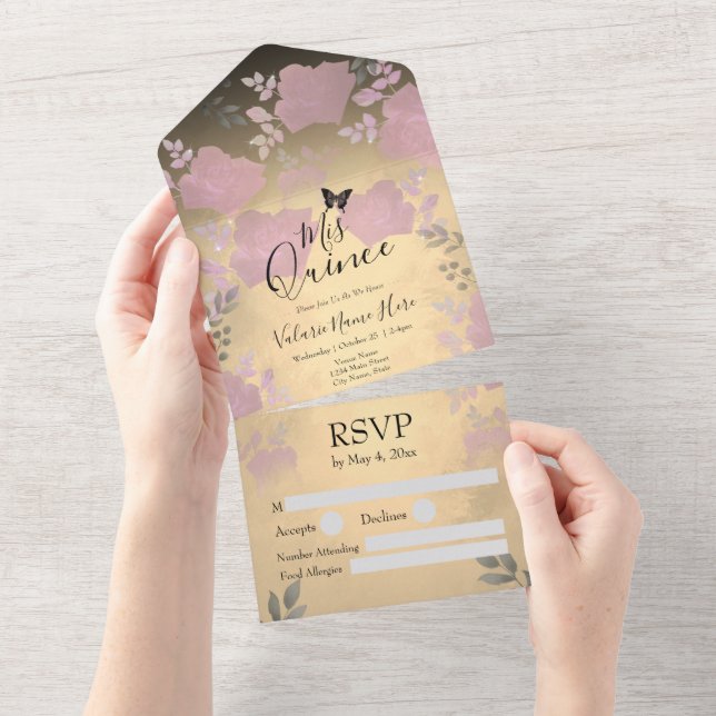 Ice Rose Pink Floral Quinceanera  All In One Invitation (Tearaway)