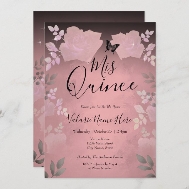 Ice Rose Pink Floral Quinceanera Budget Invitation (Front/Back)