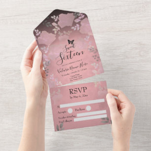Ice Rose Pink Floral Sweet Sixteen All In One Invi Invitation