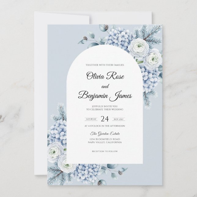 Ice Silver Hydrangea Eucalyptus Wedding Invitation (Front)