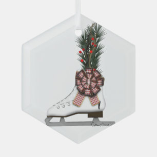 Ice Skate Christmas Decoration w/ Tartan Bow Glass