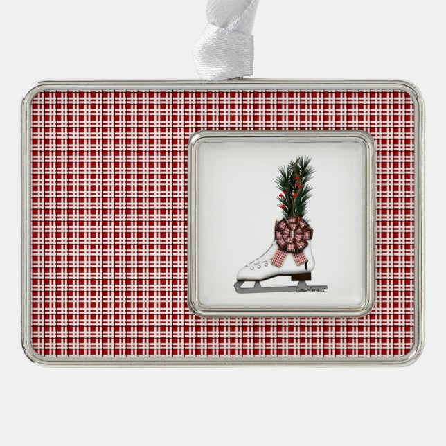 Ice Skate Christmas Decoration with Tartan Bow (Front)