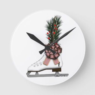 Ice Skate Christmas Decoration with Tartan Bow Round Clock