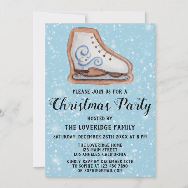 Ice Skate Cookie Holiday Christmas Party Blue Snow Invitation (Front)