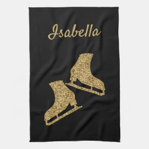 Ice skate towel figure skates Black gold glitter