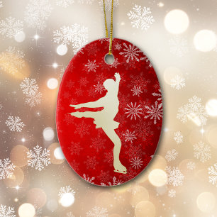 Ice Skater Gold Snowflakes on Bright Red Ceramic Ornament