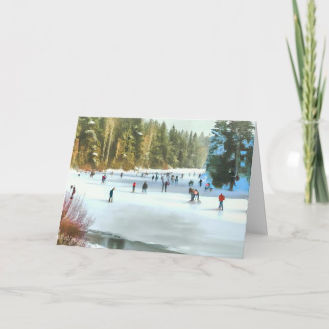  Ice Skaters on A Pond Watercolor Winter Landscape Card (Front)