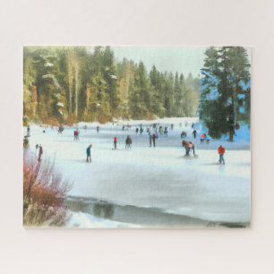 Ice Skaters on A Pond Watercolor Winter Landscape Jigsaw Puzzle