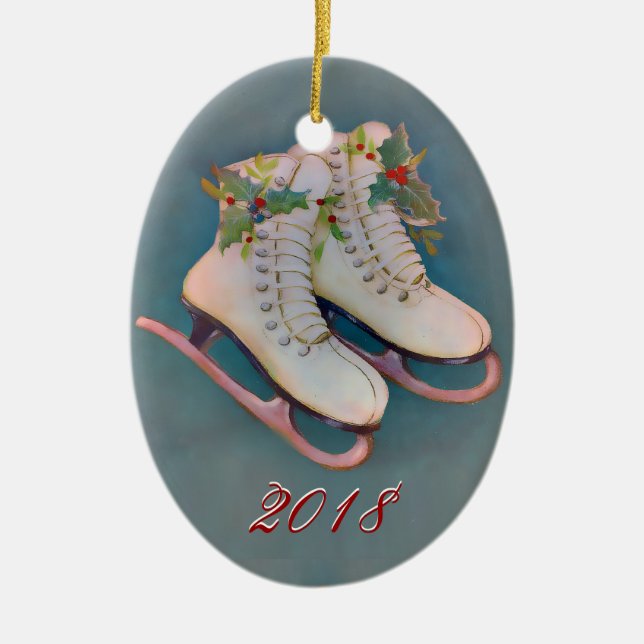Ice Skates 2018 Ceramic Tree Decoration (Front)