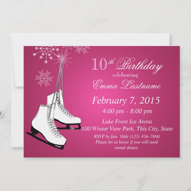 Ice Skates and Snowflakes Pink Birthday Invitation (Front)