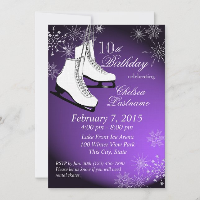 Ice Skates and Snowflakes Purple Birthday Invitation (Front)