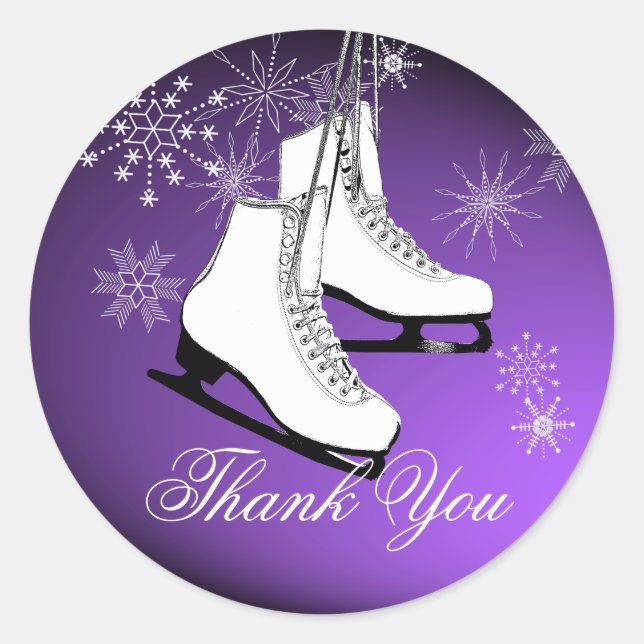 Ice Skates and Snowflakes Purple Classic Round Sticker (Front)