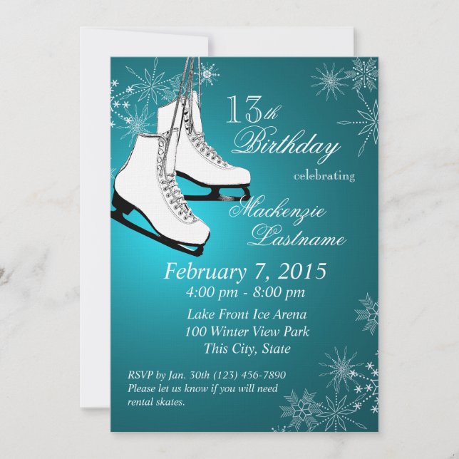 Ice Skates and Snowflakes Teal Birthday Invitation (Front)