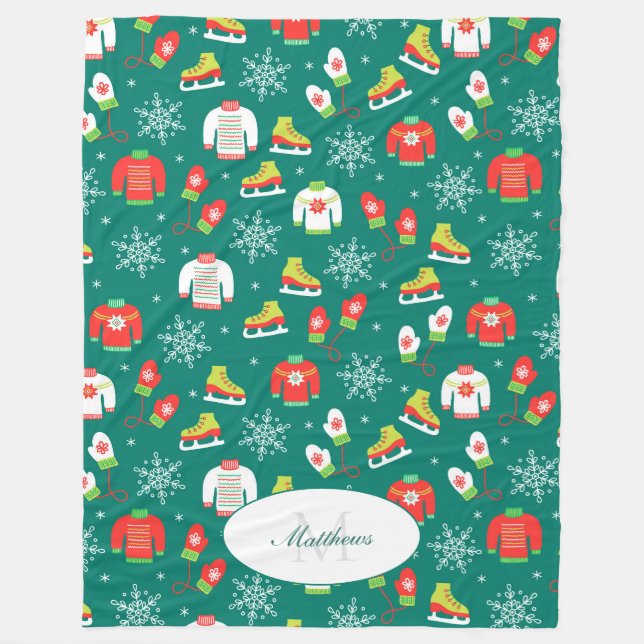 Ice Skates and Snowflakes Teal Monogram Pattern Fleece Blanket (Front)