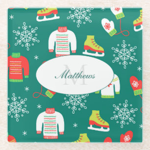 Ice Skates and Snowflakes Teal Monogram Pattern Glass Coaster