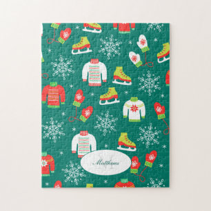 Ice Skates and Snowflakes Teal Monogram Pattern Jigsaw Puzzle