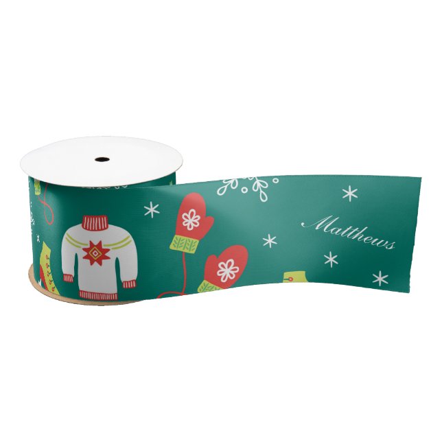Ice Skates and Snowflakes Teal Monogram Pattern Satin Ribbon (Spool)