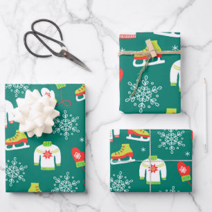Ice Skates and Snowflakes Teal Monogram Pattern Wrapping Paper Sheet