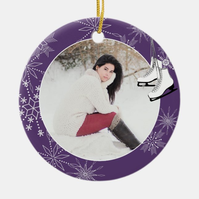 Ice Skates and Snowflakes with Photo Ceramic Ornam Ornament (Front)