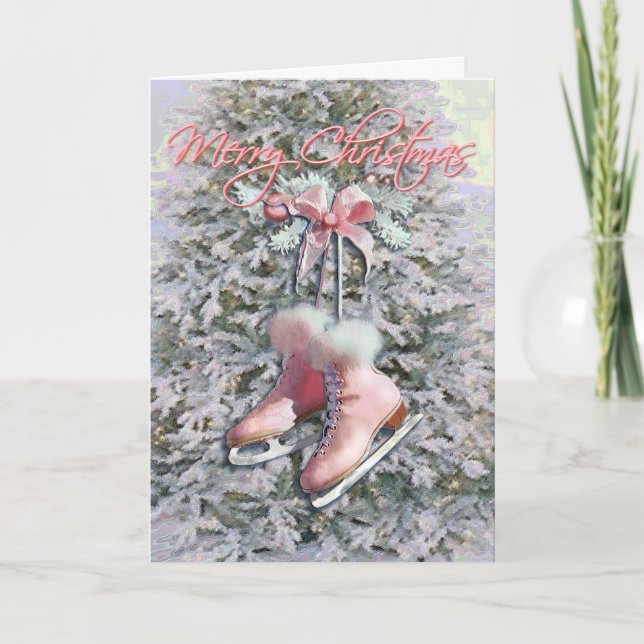 ICE SKATES in PINK by SHARON SHARPE Holiday Card (Front)