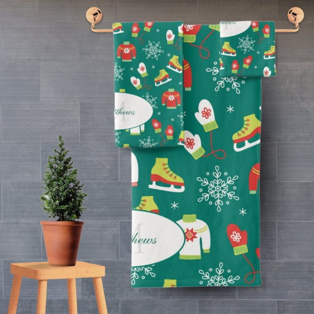 Ice Skates Snowflakes Teal Monogram Pattern Bath Towel Set (Creator Uploaded)