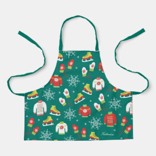 Ice Skates Snowflakes Teal Monogram Pattern Kids A Apron