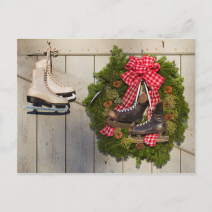 Ice Skates with Christmas Wreath Holiday Postcard