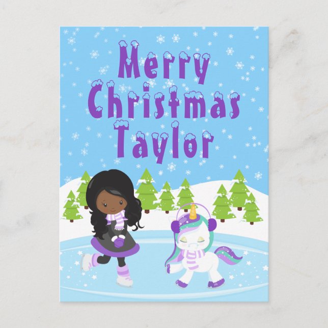 Ice Skating African American Girl Merry Christmas  Holiday Postcard (Front)